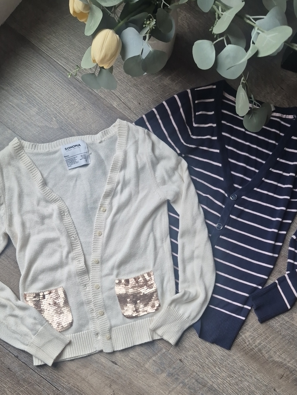 2 Bundle Sonoma Cherokee 7-8 Cream Cardigan with Rose Gold Sequin Pockets Navy